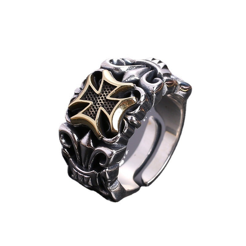 Wholesale Vintage 925 silver cross men's ring male open mouth personality fashion trend adjustable